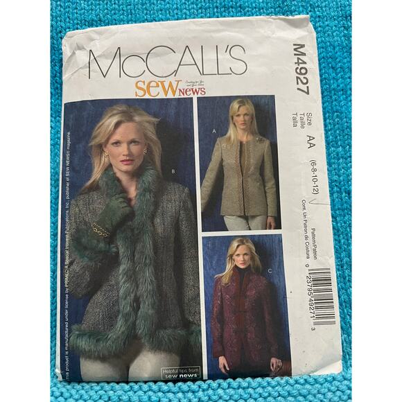 McCalls 4927 pattern jacket size 6 8 10 12 - Picture 1 of 7